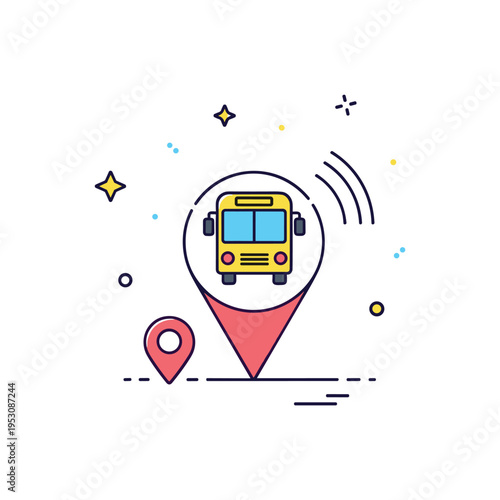 School transport tracking system featuring a simplified bus icon connected to a location pin and signal waves, expressing real time monitoring and safe student