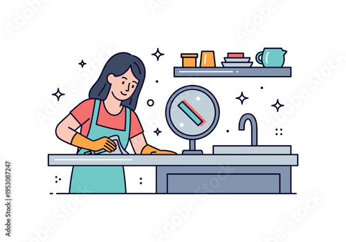 A professional cleaning and inspecting a newly installed countertop for a perfect finish, emphasizing quality control, attention to detail, and satisfaction.