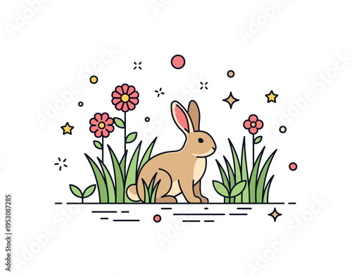 Spring meadow rabbit theme centered on a rabbit near blooming flowers and fresh grass sprouts, representing growth and lively habitat conditions. The