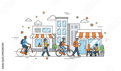 Urban society with citizens commuting, cycling, and walking past shops and cafes, illustrating modern life, social interaction, and community rhythm.