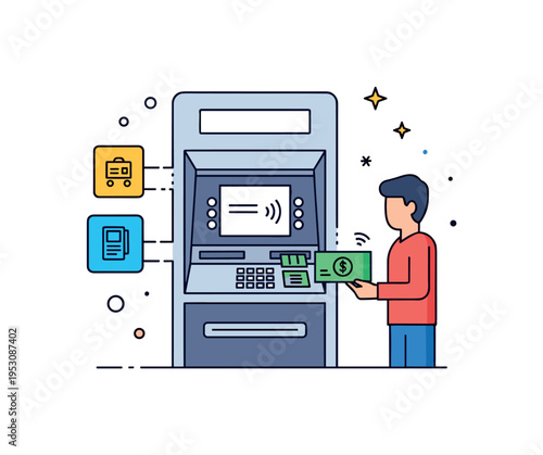 ATM machine showing a user withdrawing cash with a contactless card tap and small icons indicating digital banking features. Minimalist flat vector