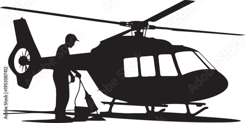 Black silhouette of man refueling helicopter