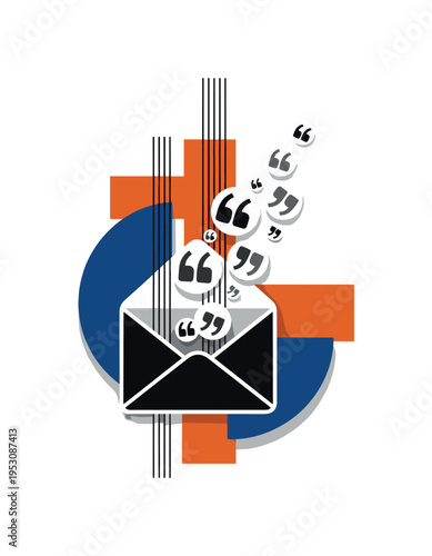 A monochrome envelope releasing floating quotation marks instead of letters, intersected by bold semicircles and abstract rectangular shapes, thin vertical