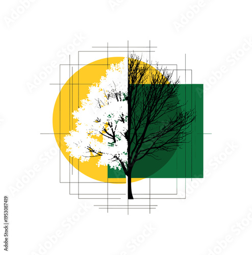 Conceptual duality theme featuring a monochrome tree split into light leaves and dark branches, bright yellow semicircle illuminating one side, deep green