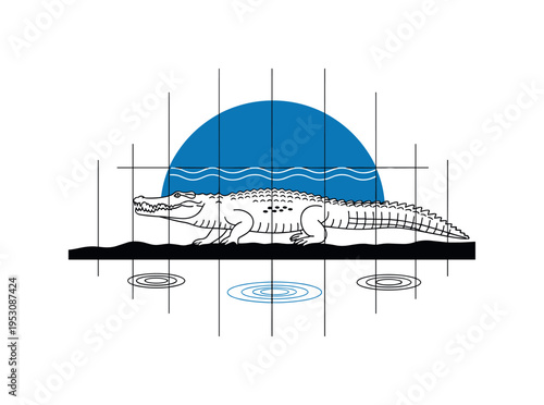 Monochrome side-view crocodile walking along riverbank, intersected by a large blue semicircle symbolizing water and thin vertical grid lines adding structural