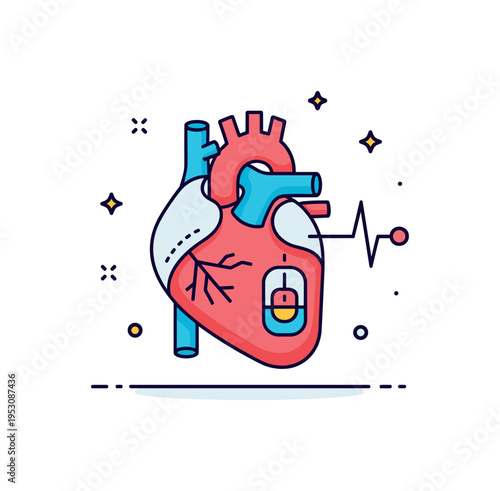 Artificial heart device integration shown as a stylized heart combined with mechanical elements and a small pulse line accent, representing life sustaining