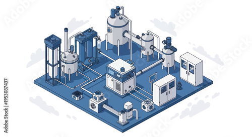 Isometric Industrial Chemical Plant with Reactors and Processing Units.