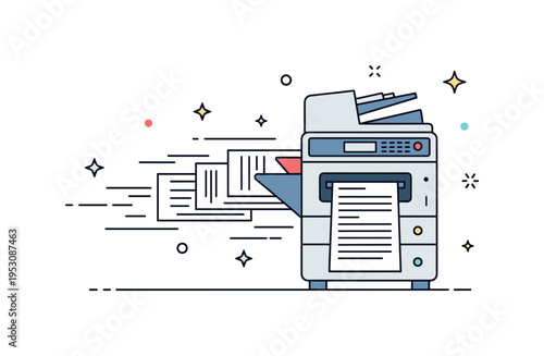 High-speed printer and copier with multiple sheets coming out simultaneously, showing rapid processing, productivity, and professional performance. Minimalist