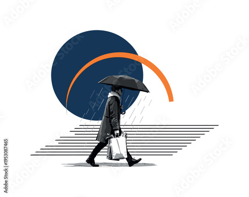 Black and white person walking under light rain holding grocery bags, oversized navy circle above like abstract sky, thin orange arc echoing umbrella shape