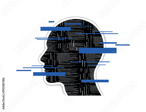 Monochrome silhouette of a head profile filled with abstract code snippets and bracket symbols, intersected by bold blue rectangular blocks and thin horizontal