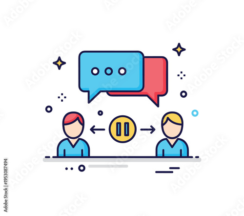 Respectful communication speech bubble paired with a small pause icon between two simplified figures, conveying thoughtful response instead of immediate