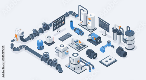 Isometric Industrial Equipment and Plumbing System Layout.