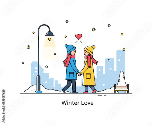 Couple walking hand in hand through a snowy street sharing a quiet winter evening filled with warmth and connection. Soft snowfall, glowing street lamp and