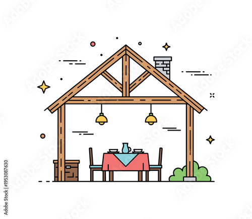 Farmhouse interior with exposed rafters illustrated by a pitched roof outline and visible timber framework above a small dining table setup, symbolizing cozy