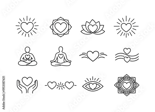 Spiritual Open Heart. Line icon set of Spiritual Open Heart: radiant heart, heart chakra, lotus heart, light rays, inner peace symbol, meditation heart, energy