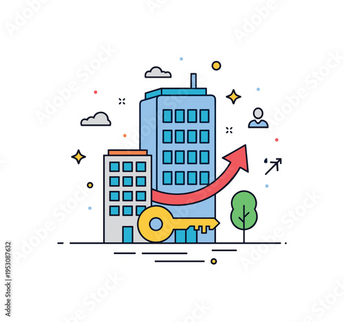 Urban landowner responsibility modern building silhouette paired with a key and upward arrow accent. A confident editorial illustration about asset growth and