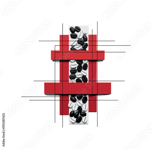 Monochrome coffee beans arranged in a vertical strip, intersected by red rectangular blocks and thin black grid lines, layered paper collage look with crisp