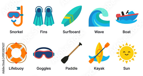 A collection of vibrant flat vector icons representing various water sports and beach activities including a snorkel, fins, surfboard, wave, boat, lifebuoy, goggles, paddle, kayak, and sun.
