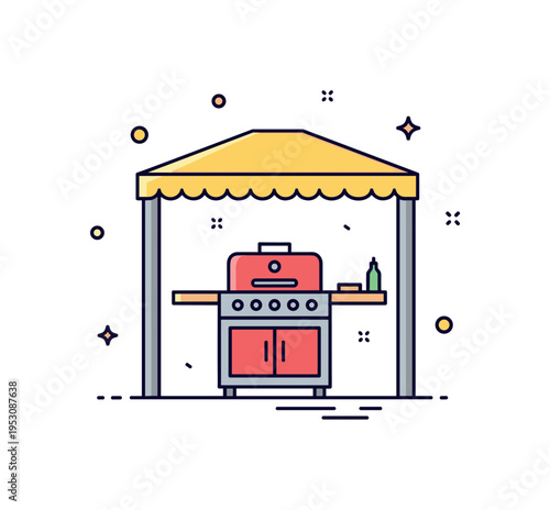 Covered outdoor kitchen setup illustrated by a grill station with a small countertop and overhead shelter outline, expressing functionality and entertainment