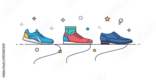Three pairs of shoes?athletic, casual, and formal?moving over a clean abstract path with small decorative dots, reflecting different lifestyles converging on