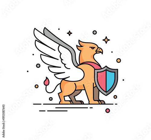 Griffin mythical guardian shown as a compact creature combining eagle wings and a lion body with a small shield icon beside it, representing protection and