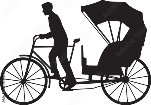 Black silhouette of man riding rickshaw with passenger seat