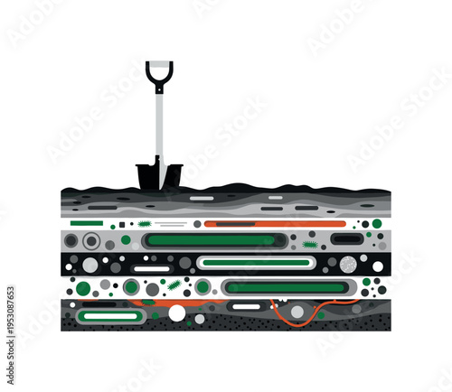 Black and white shovel planted into soil with geometric layers visible beneath, rectangular blocks and circular forms symbolizing minerals and microorganisms,