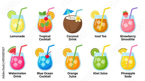 A colorful collection of ten flat-design summer drinks including lemonade, cocktails, smoothies, and juices, perfect for promoting a healthy lifestyle or summer fun.