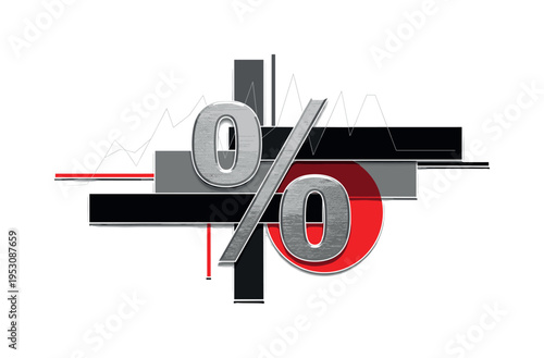 Close-up monochrome percentage symbol sculpted in metal, layered with a large red semicircle and intersecting rectangular geometric blocks, subtle abstract