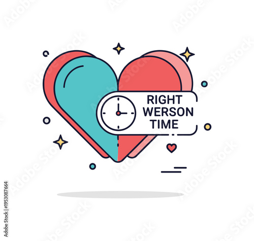 Right person wrong time concept visualized through overlapping heart shapes slightly offset with a small clock icon at the center. The badge style scene