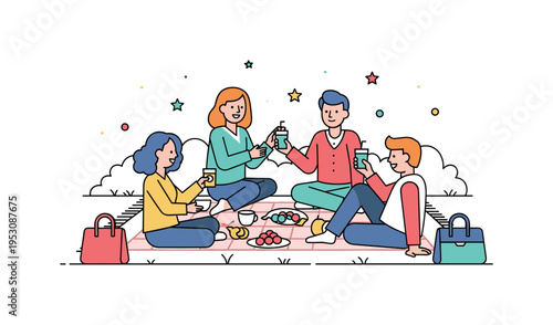 A group of friends enjoying a picnic outdoors with blankets, snacks, and playful interaction, highlighting leisure, connection, and togetherness. Minimalist