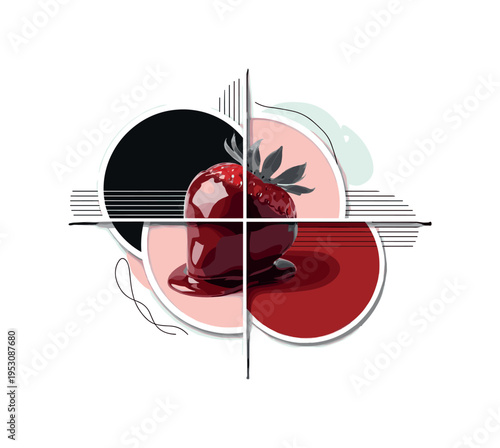 Black and white strawberry dipped in chocolate, intersected by geometric shapes and flat color circles, abstract linear accents emphasizing texture, paper
