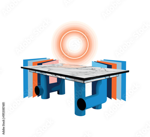 Modern conceptual collage of a black-and-white dining table with exaggerated scale, orange circular halo above, abstract blue cylinders as stylized table legs