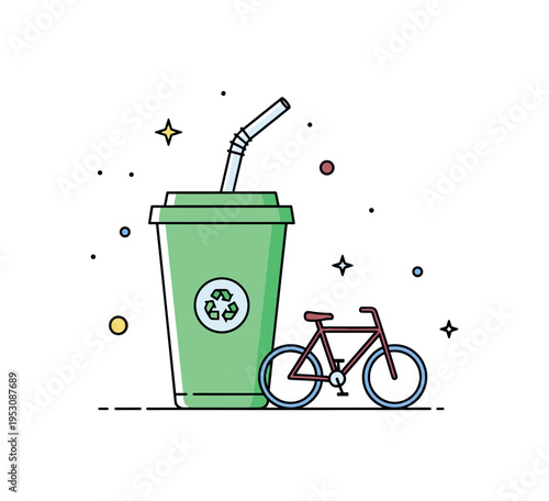 Green commuting refreshment insulated cup with reusable straw placed beside a small bicycle icon, symbolizing environmentally responsible daily routines. A