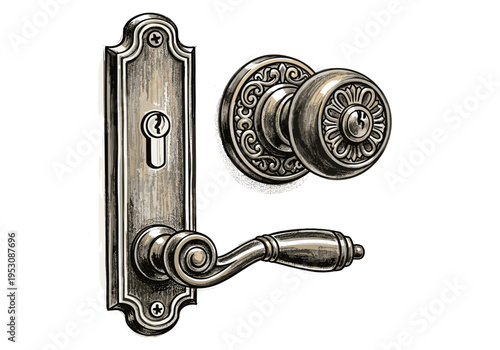 Vintage ornate door handle and knob set with keyhole illustration