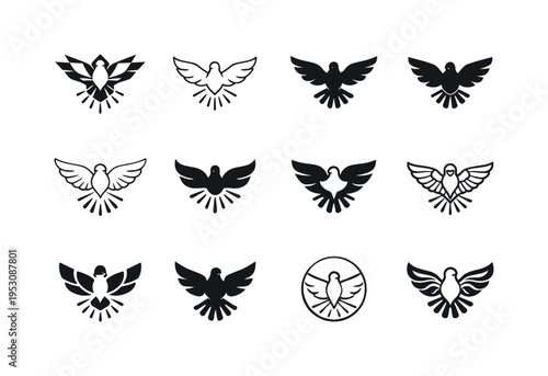 divine presence. Icon set. Set Logo of divine presence: descending dove. harmonious logo variations of the same emblematic concept, each with different