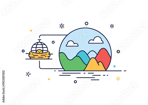 Conservation breeding and release theme illustrated by a small nest or enclosure icon connected to a wild landscape shape, expressing careful preparation