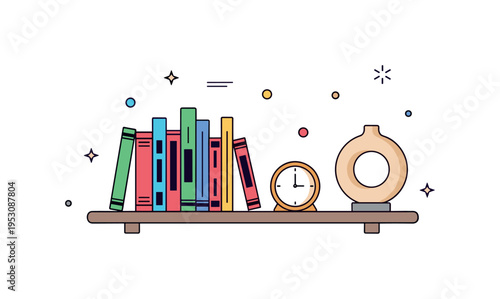 Home library shelf styling concept featuring neatly aligned books with varied spine colors, a tiny clock, and a sculptural decor object creating visual rhythm.