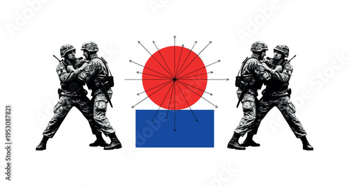Black and white two soldiers grappling in mirrored composition, bright red circle centered behind them as focal intensity symbol, thin linear arrows indicating