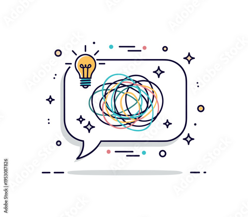 Conspiracy theory symbolized by a tangled line network inside a speech bubble. A small light bulb icon and subtle star details represent clarity emerging from