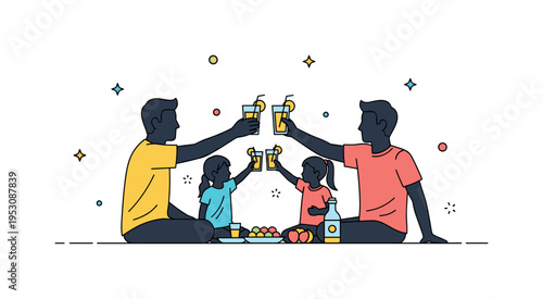 Family bonding outdoors silhouettes raising glasses of lemonade over a small picnic spread. A positive and uplifting micro scene highlighting shared