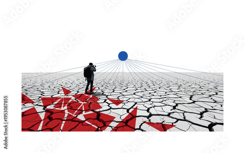 Black and white lone photographer walking across cracked extreme terrain, bold cobalt blue circle ahead like distant objective, deep red angular shards