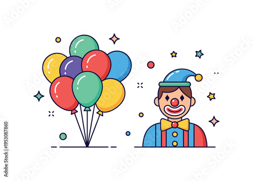 Balloon artist clown colorful balloons forming a playful cluster beside a friendly clown figure, expressing creativity and festive atmosphere. A lively