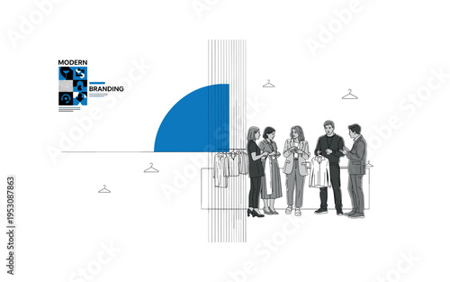 Monochrome scene of designers and buyers discussing garments at a booth, intersected by a large blue semicircle symbolizing innovation and thin vertical grid