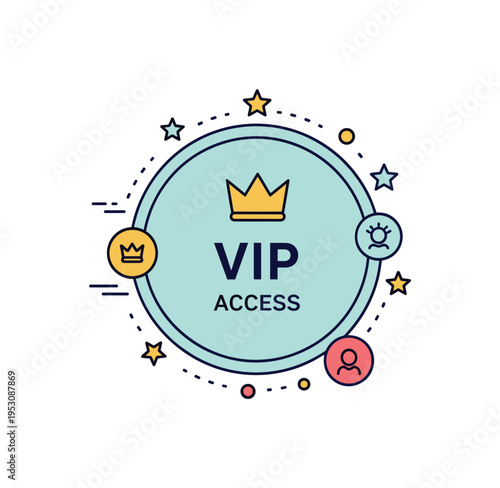 Exclusive membership badge featuring a circular emblem with a crown icon and short text reading VIP Access, conveying premium perks and brand recognition. The
