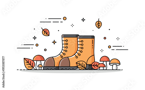 Autumn foraging walk showing a pair of boots beside scattered mushrooms and fallen leaves. Light motion curves and tiny star accents convey seasonal