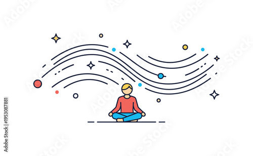 Guided breathing exercise visualized as smooth curved lines flowing in and out around a small seated figure, symbolizing rhythm, calmness, and controlled