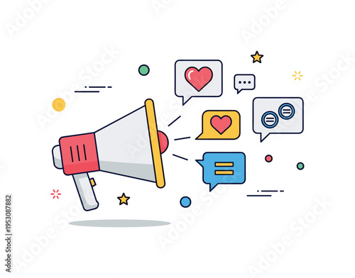 Voices for equality megaphone releasing small speech bubbles shaped like hearts and equality symbols, conveying collective demand for fairness. A concise