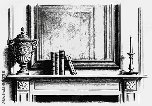 Vintage mantelpiece with antique urn, books, and candle in sketch style