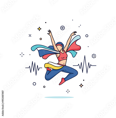 Music and dance festival energy portrayed through a dancer mid-jump with flowing costume elements and subtle sound wave accents to emphasize rhythm and